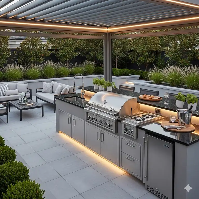 Eine luxuriöse, komplette Außenküche mit einem integrierten Premium-Gasgrill, eleganten Edelstahlschränken und Granitarbeitsplatten, perfekt in eine moderne Terrassenumgebung integriert.