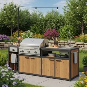 Eine moderne Außenküche wetterfest günstig mit integriertem Grill und Stauraum, perfekt für den Garten und erschwinglich.