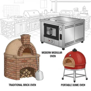 Eine Illustration, die verschiedene Arten von Pizzaöfen für eine Außenküche mit Pizzaofen planen zeigt, einschließlich traditioneller und moderner Modelle.