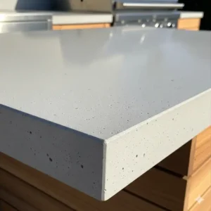 Nahaufnahme einer glatten, polierten Beton-Arbeitsplatte für eine Außenküche, die ihre moderne, minimalistische Textur zeigt.