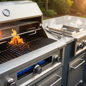 Nahaufnahme des Hochleistungsgrills, der Teil des Außenküche kaufen Komplettset ist, ideal für das Grillen im Freien. 