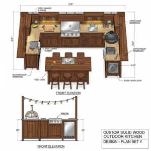 Detaillierte architektonische Planung und Designlayout, um eine individuelle Außenküche Massivholz selber bauen.