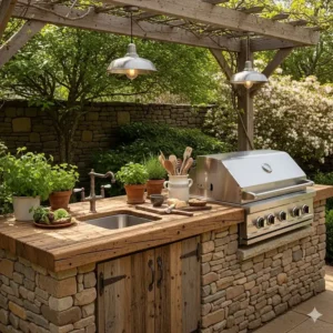 Rustikale Außenküche mit Grill und Spüle mit Holztheke und Steinfassade.
