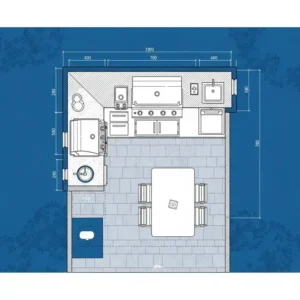 Ein detaillierter Bauplan für eine Außenküche selber bauen anleitung zeigt die geplanten Positionen für Grill, Spüle und Lagerschränke.