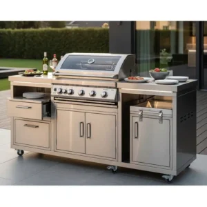 	Elegante bbq grillstation aus Edelstahl mit viel Ablagefläche und integriertem Stauraum.