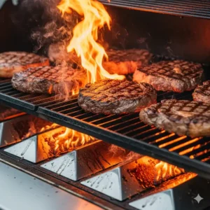 Nahaufnahme eines Einbau-Gasgrills, der Steaks brät, mit sichtbaren Flammenverteilern und Rosten.