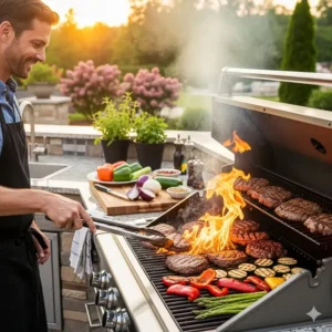 Ein Mann grillt saftiges Rindersteak und Gemüse auf dem Gasgrill in seiner Außenküche. Die Flammen sind sichtbar und erzeugen ein perfektes Branding.