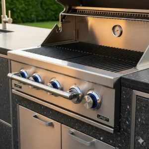 Nahaufnahme eines Grillmoduls aus Edelstahl, das in ein Außenküche Modulbau System integriert ist.