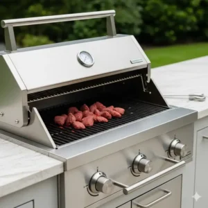 Eine Nahaufnahme eines hochwertigen Holzkohlegrills aus Edelstahl, ideal für alle, die einen holzkohlegrill außenküche kaufen und in ihr Kochparadies integrieren möchten.

