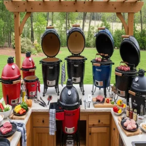 Verschiedene Modelle und Marken von Kamado Grills, die in unserem Außenküchen-Test bewertet wurden.