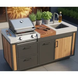 Detailansicht einer kleine Außenküche mit einem eingebauten, platzsparenden Grill.