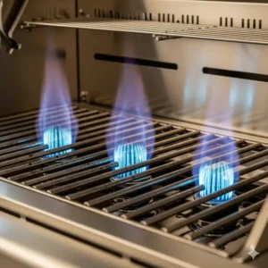 Nahaufnahme der Hochleistungsbrenner und Edelstahlroste eines Premium Gasgrills, die seine kraftvolle und gleichmäßige Hitzeverteilung hervorheben.