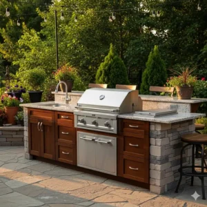 Eine Außenküche mit einem Einbau-Gasgrill und viel Stauraum, Schränke und Schubladen sind sichtbar.