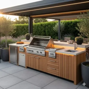 Ein elegantes Design für die außenküche mit einem leistungsstarken eingebauten Gasgrill.