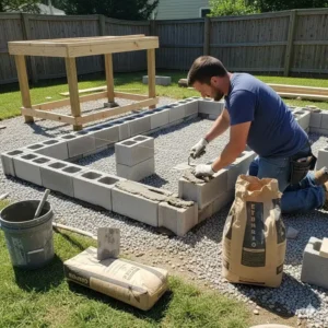 Eine Person, die ein robustes Fundament für ihre Außenküche selber bauen verwendet, indem sie Betonblöcke benutzt.