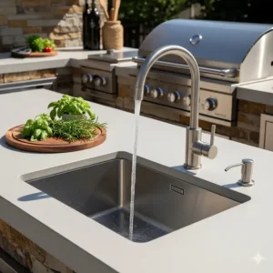 Detaillierte Ansicht des Spülbeckens mit der Armatur, die in der Außenküche integriert ist und das Kochen im Freien erleichtert.