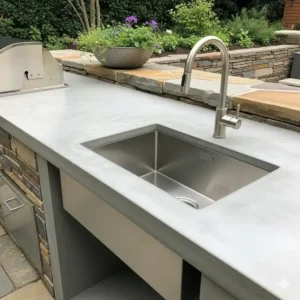 Ein elegantes, eingebautes Edelstahl-Waschbecken, das nahtlos in eine maßgeschneiderte Außenküche mit Betonbau integriert ist.