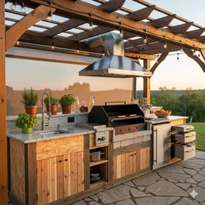 Ein vollständiger Außenküchen-Aufbau mit professioneller Abzugshaube, der zeigt, welche Ausstattung man neben einem holzkohlegrill außenküche kaufen kann.