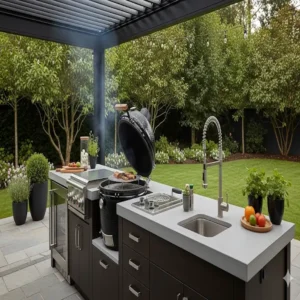 Eine stilvolle Außenküche, die einen Kamado-Grill integriert, der in unserem Test geprüft wurde.