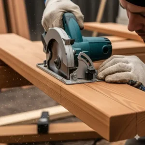 Nahaufnahme einer Person, die Massivholzbretter für den Rahmen ihrer DIY Außenküche Massivholz selber bauen präzise zuschneidet.