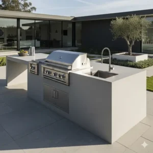 Elegante Außenküche mit Grill und Spüle für zeitgenössische Terrassen.