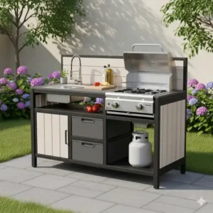 Eine modulare Außenküchen-Einheit mit einem integrierten Kompaktgrill, ideal für kleine Gärten.
