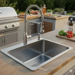 Eine elegante Spüle und Armatur aus Edelstahl, die Teil eines Außenküche Edelstahl Set für bequemen Wasserzugang und einfache Reinigung ist.