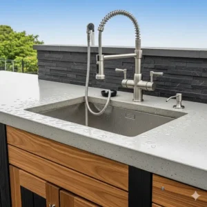 Ein Detailbild, das das Spül- und Armaturenmodul eines Außenküche Modulbau System zeigt und dessen langlebige, witterungsbeständige Materialien hervorhebt.