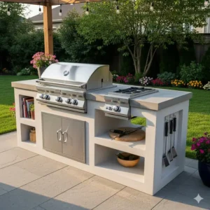 Eine leistungsstarke, eingebaute Grillstation und Seitenbrenner, die in einen haltbaren, maßgefertigten Betonbau-Rahmen für eine Gartenküche eingebettet sind.