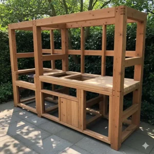 Das fertige Holzgestell und die Grundstruktur einer Außenküche Massivholz selber bauen, bereit für die nächsten Schritte.