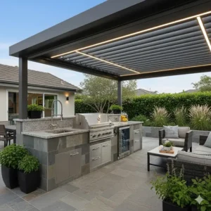 Geschützte Außenküche mit Grill und Spüle unter einem Terrassendach.