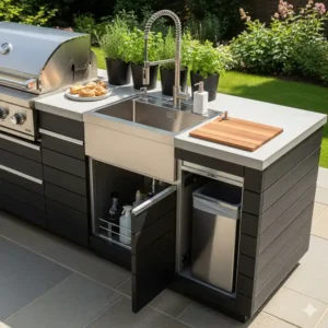 Nahaufnahme eines gusseisernen Grillrostes mit perfekten Brandings auf einem Rindersteak, demonstrierend die hohe Leistung des Gasgrills im Außenküche-Kontext.