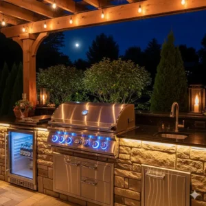 Eine Außenküche bei Nacht, die den eingebauten Premium-Gasgrill mit seinen beleuchteten Knöpfen und der integrierten Beleuchtung zeigt und eine warme, einladende Atmosphäre schafft.