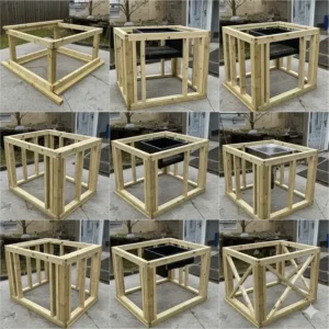 Eine Schritt-für-Schritt-Anleitung, wie ein Holzrahmen für eine Außenküche selber bauen konstruiert wird, um Arbeitsplatte und Geräte zu tragen.