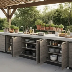 Geräumige Schränke und Stauraum unter der Arbeitsfläche des Außenküchen-Komplettsets, perfekt für Kochutensilien und Zubehör.