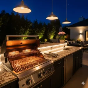 Eine stilvolle Außenküche bei Nacht, beleuchtet von einem Einbau-Gasgrill und Umgebungsbeleuchtung.