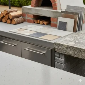 Eine Auswahl an wetterfesten Materialien, um eine Außenküche mit Pizzaofen planen, einschließlich Beton, Edelstahl und Naturstein.