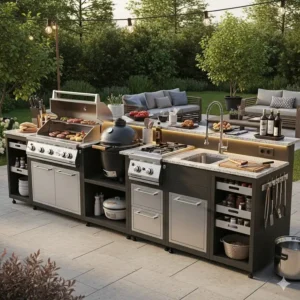 Ein modulares grillstation-Setup für einen personalisierten Kochbereich im Freien.