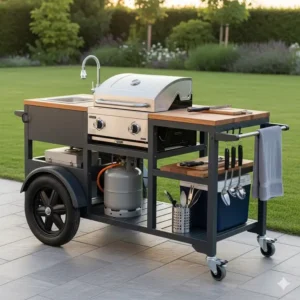 Ein Bild, das eine mobile, rollbare kleine Außenküche mit einem kompakten Gasgrill zeigt.
