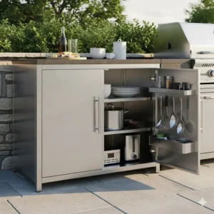 Ein wetterbeständiger Edelstahlschrank mit Magnetverschlüssen, der reichlich Stauraum für ein Außenküche Edelstahl Set bietet.