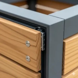 Nahaufnahme von wetterfesten Materialien, die für die Außenküche Module kaufen verwendet werden.