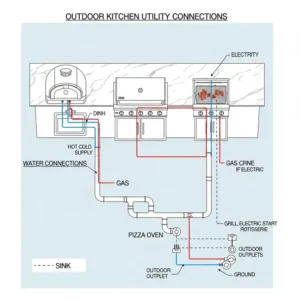  Ein technisches Diagramm der notwendigen Anschlüsse, um eine Außenküche mit Pizzaofen planen zu können.