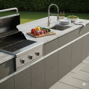 Ein Teil des Außenküche Modulbau System mit einer geräumigen, hitzebeständigen Arbeitsplatte, perfekt für die Zubereitung und das Servieren von Speisen.