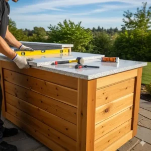 Installation einer langlebigen, wetterfesten Arbeitsplatte auf der Massivholzbasis der Außenküche Massivholz selber bauen.