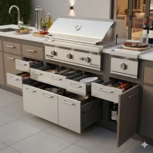 Geräumiger Stauraum und Schubladen unter dem Gasgrill, die die Funktionalität und das durchdachte Design der getesteten Außenküchen hervorheben.
