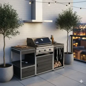 Modernes, ästhetisches Design einer kleinen Grillstation auf einer Stadtwohnungsterrasse.