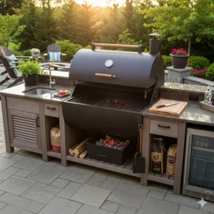 Ein großer Holzkohlegrill als Herzstück einer Außenküche, der beweist, dass man für große Feste einen holzkohlegrill außenküche kaufen sollte.