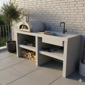 Ein kompaktes und effizientes Betonbau-Design für eine Außenküche, perfekt für eine kleine Terrasse oder einen Balkon.