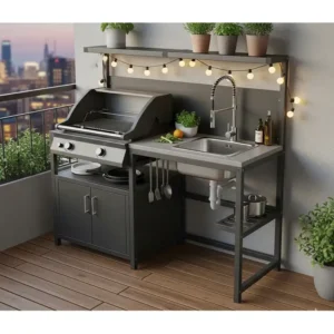 Kompakte Außenküche mit Grill und Spüle, ideal für kleine Balkone.

