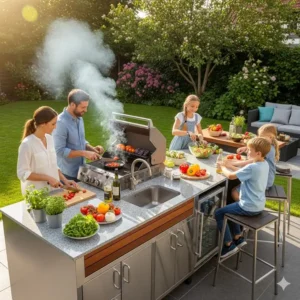 Eine Familie genießt einen sonnigen Nachmittag in ihrem Garten, während sie das neue Komplettset der Außenküche zum Zubereiten von Speisen nutzen.